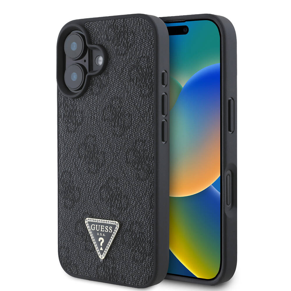 Apple iPhone 16 Kılıf Guess Orjinal Lisanslı M-safe Şarj Özellikli PU Deri 4G Desenli Taşlı Üçgen Logolu Kapak - 3