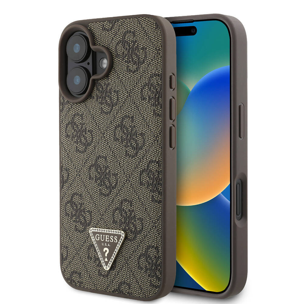 Apple iPhone 16 Kılıf Guess Orjinal Lisanslı M-safe Şarj Özellikli PU Deri 4G Desenli Taşlı Üçgen Logolu Kapak - 1