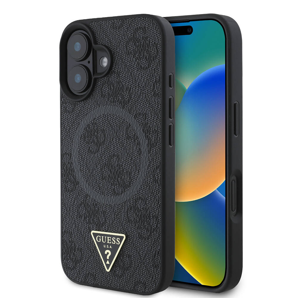 Apple iPhone 16 Kılıf Guess Orjinal Lisanslı M-safe Şarj Özellikli PU Üçgen Logo 4G Desenli Kapak - 1