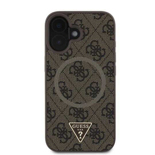 Apple iPhone 16 Kılıf Guess Orjinal Lisanslı M-safe Şarj Özellikli PU Üçgen Logo 4G Desenli Kapak - 10