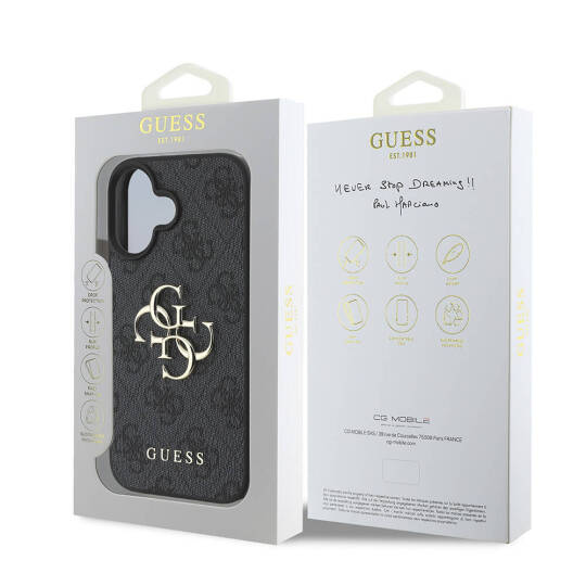Apple iPhone 16 Kılıf Guess Orjinal Lisanslı PU Deri 4G Desenli Metal Büyük 4G ve Yazı Logolu Kapak - 19