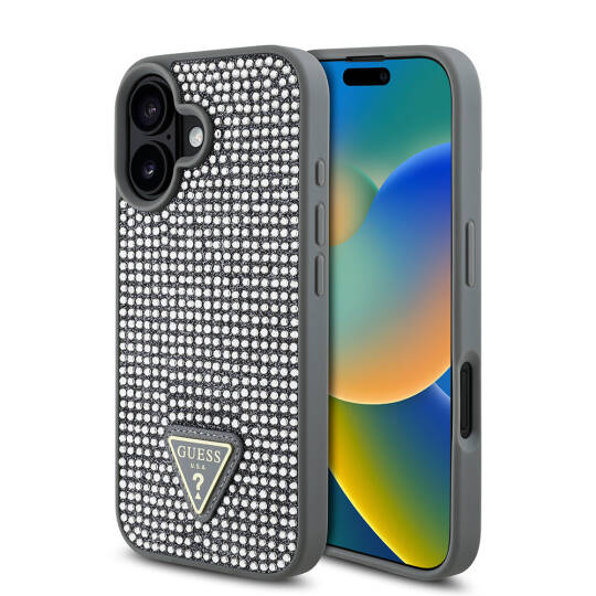 Apple iPhone 16 Plus Kılıf Guess Orjinal Lisanslı Taşlı Arka Yüzey Üçgen Logolu Kapak