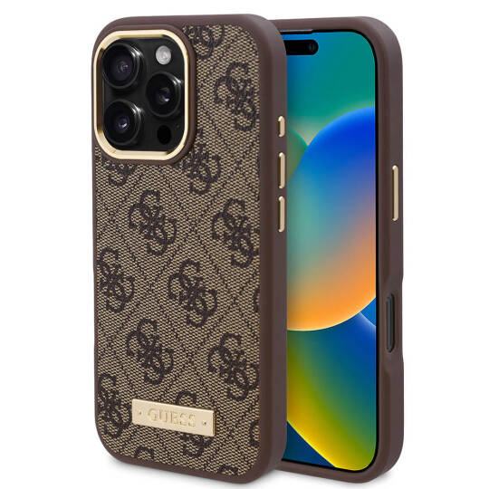 Apple iPhone 16 Pro Kılıf Guess Orjinal Lisanslı M-safe Şarj Özellikli 4G Desenli PU Metal Plaka Klasik Logolu Kapak - 4