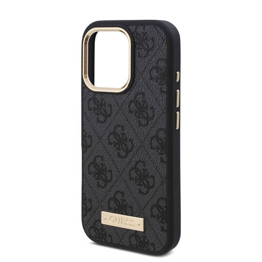 Apple iPhone 16 Pro Kılıf Guess Orjinal Lisanslı M-safe Şarj Özellikli 4G Desenli PU Metal Plaka Klasik Logolu Kapak - 16