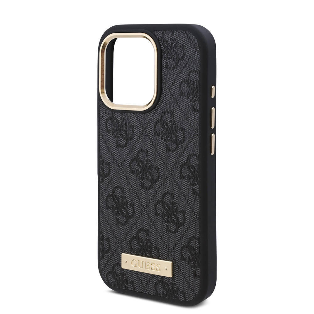 Apple iPhone 16 Pro Kılıf Guess Orjinal Lisanslı M-safe Şarj Özellikli 4G Desenli PU Metal Plaka Klasik Logolu Kapak - 16
