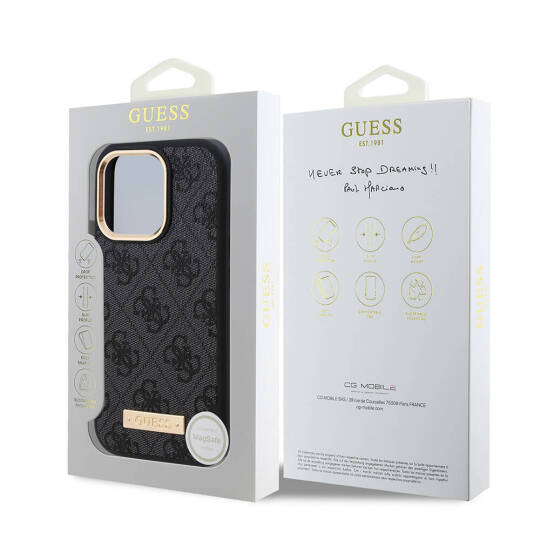 Apple iPhone 16 Pro Kılıf Guess Orjinal Lisanslı M-safe Şarj Özellikli 4G Desenli PU Metal Plaka Klasik Logolu Kapak - 18