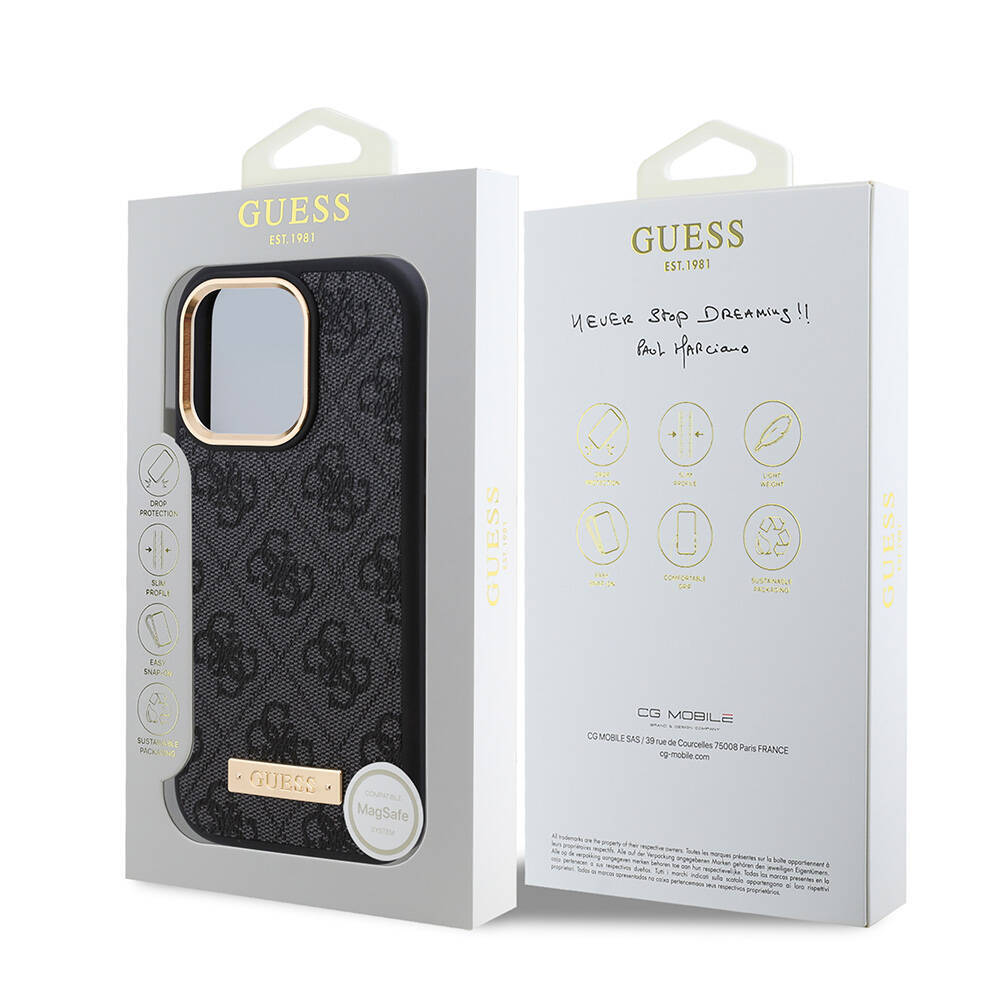 Apple iPhone 16 Pro Kılıf Guess Orjinal Lisanslı M-safe Şarj Özellikli 4G Desenli PU Metal Plaka Klasik Logolu Kapak - 18