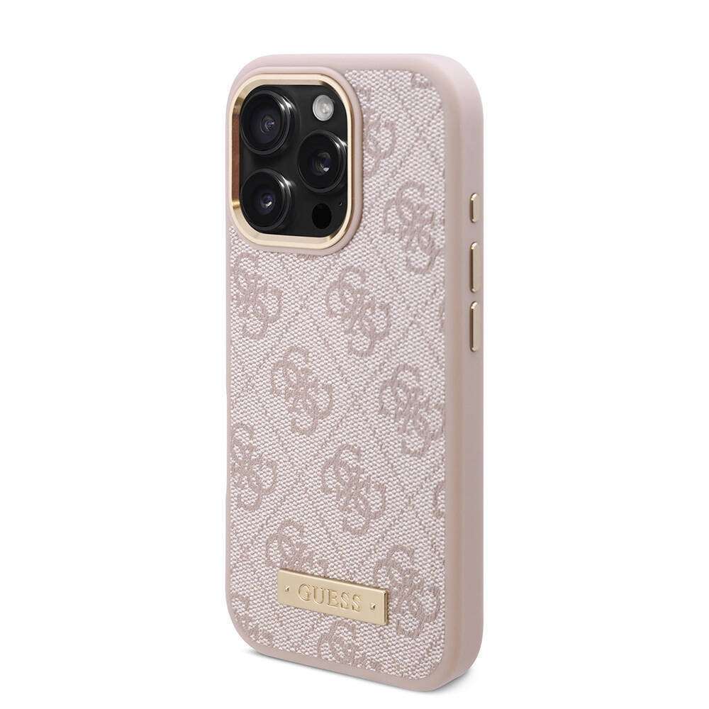 Apple iPhone 16 Pro Kılıf Guess Orjinal Lisanslı M-safe Şarj Özellikli 4G Desenli PU Metal Plaka Klasik Logolu Kapak - 20