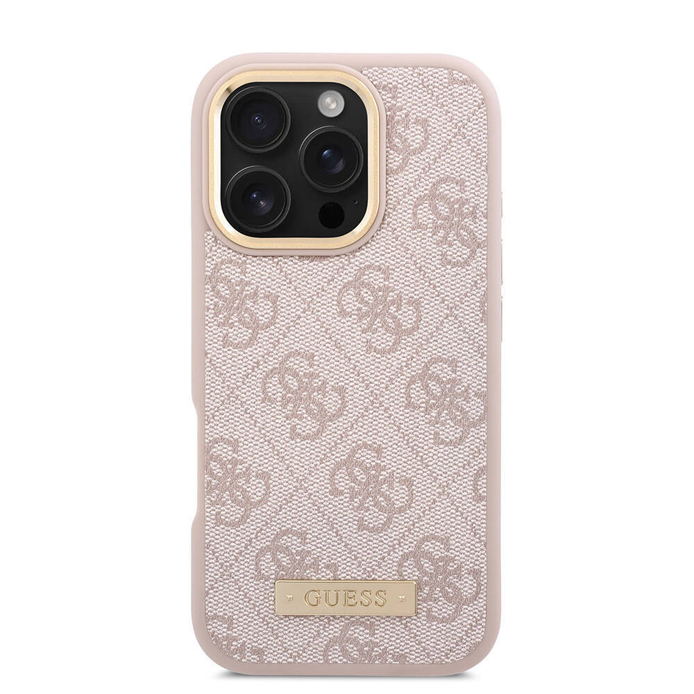 Apple iPhone 16 Pro Kılıf Guess Orjinal Lisanslı M-safe Şarj Özellikli 4G Desenli PU Metal Plaka Klasik Logolu Kapak - 21