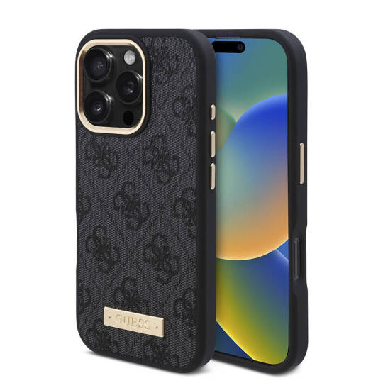 Apple iPhone 16 Pro Kılıf Guess Orjinal Lisanslı M-safe Şarj Özellikli 4G Desenli PU Metal Plaka Klasik Logolu Kapak - 3