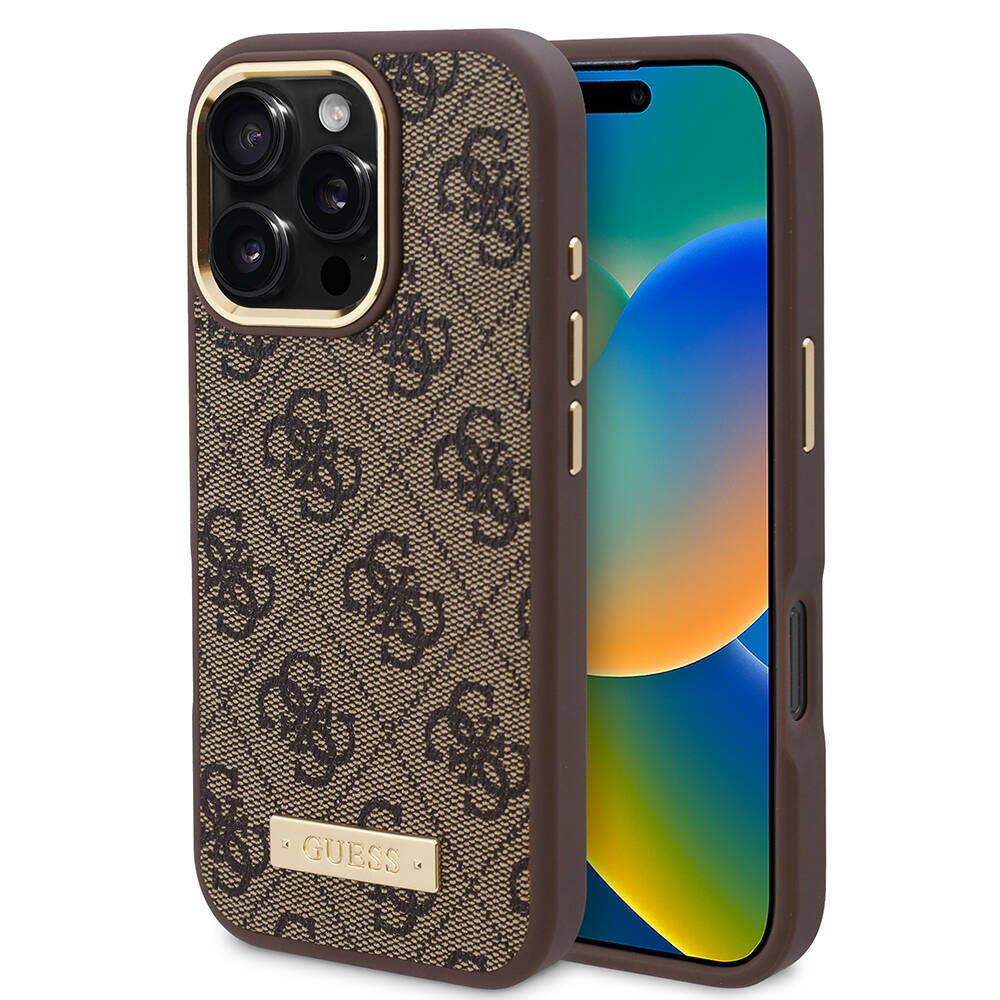 Apple iPhone 16 Pro Kılıf Guess Orjinal Lisanslı M-safe Şarj Özellikli 4G Desenli PU Metal Plaka Klasik Logolu Kapak - 2