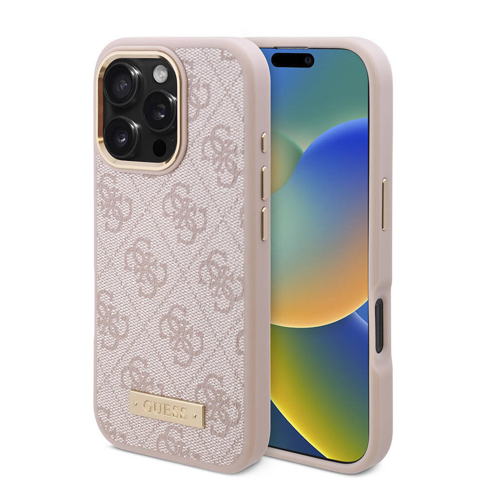 Apple iPhone 16 Pro Kılıf Guess Orjinal Lisanslı M-safe Şarj Özellikli 4G Desenli PU Metal Plaka Klasik Logolu Kapak - 1
