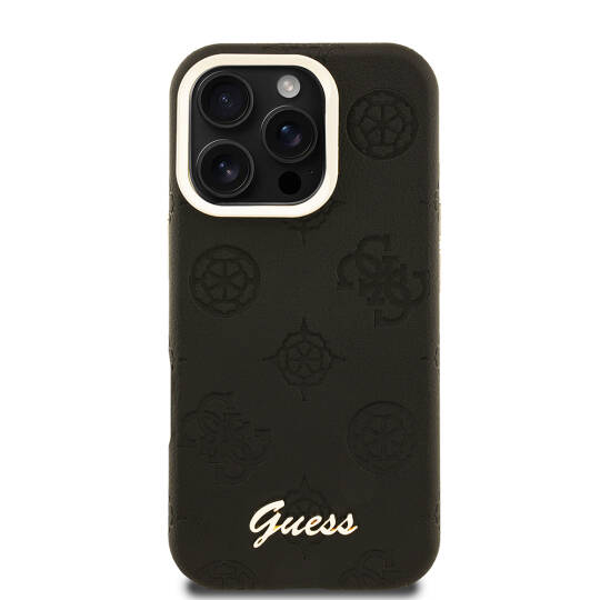 Apple iPhone 16 Pro Kılıf Guess Orjinal Lisanslı M-safe Şarj Özellikli Sıcak Baskılı Yazı Logolu Kamera Standlı PU Deri Peony Kapak - 6