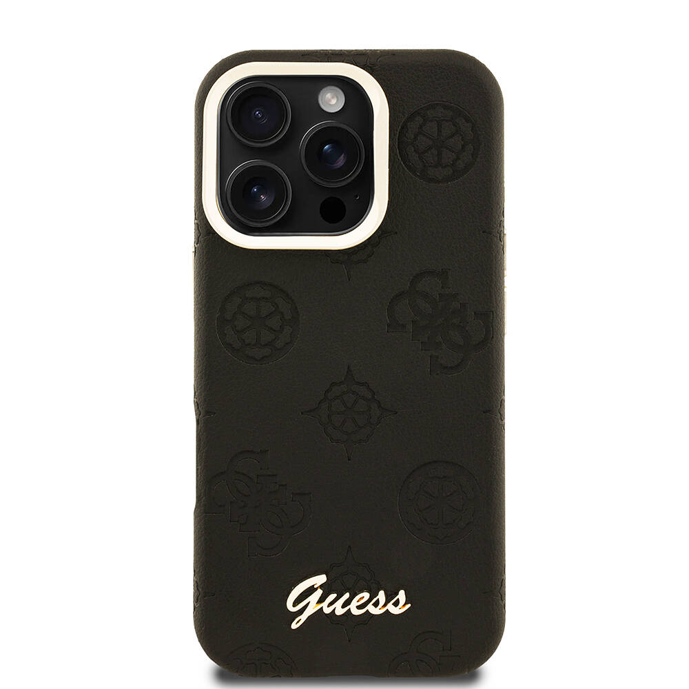 Apple iPhone 16 Pro Kılıf Guess Orjinal Lisanslı M-safe Şarj Özellikli Sıcak Baskılı Yazı Logolu Kamera Standlı PU Deri Peony Kapak - 6