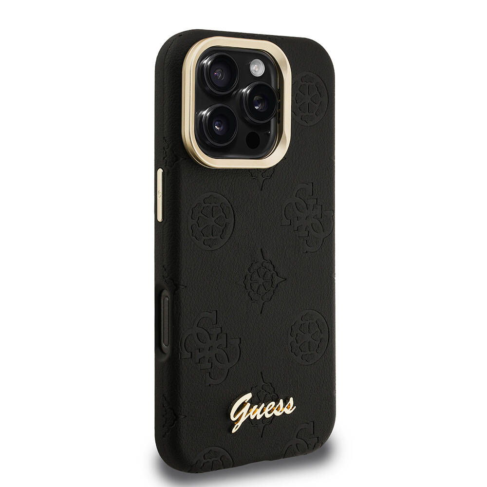 Apple iPhone 16 Pro Kılıf Guess Orjinal Lisanslı M-safe Şarj Özellikli Sıcak Baskılı Yazı Logolu Kamera Standlı PU Deri Peony Kapak - 7