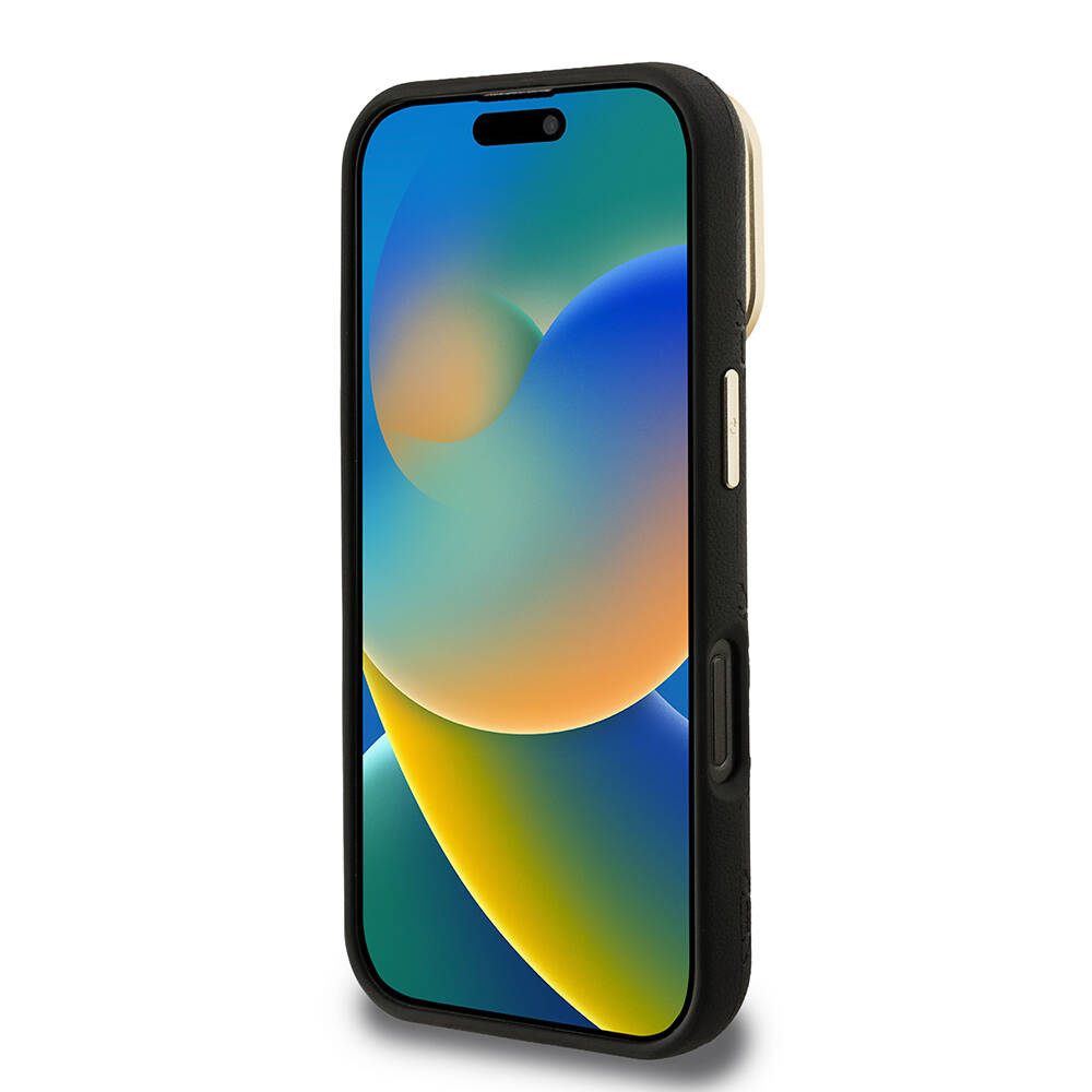 Apple iPhone 16 Pro Kılıf Guess Orjinal Lisanslı M-safe Şarj Özellikli Sıcak Baskılı Yazı Logolu Kamera Standlı PU Deri Peony Kapak - 8
