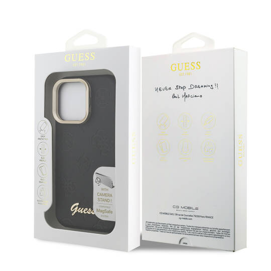 Apple iPhone 16 Pro Kılıf Guess Orjinal Lisanslı M-safe Şarj Özellikli Sıcak Baskılı Yazı Logolu Kamera Standlı PU Deri Peony Kapak - 11