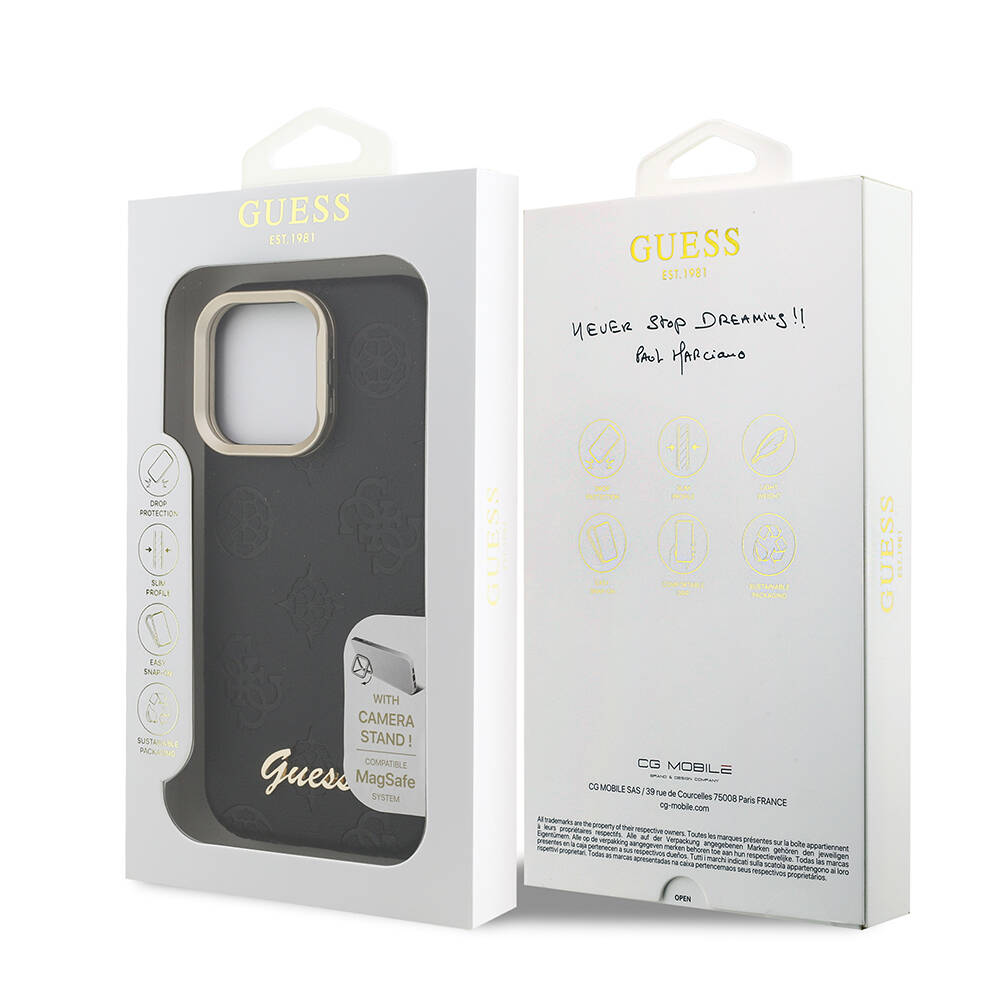 Apple iPhone 16 Pro Kılıf Guess Orjinal Lisanslı M-safe Şarj Özellikli Sıcak Baskılı Yazı Logolu Kamera Standlı PU Deri Peony Kapak - 11