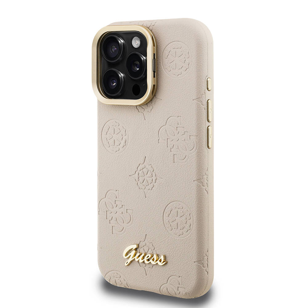 Apple iPhone 16 Pro Kılıf Guess Orjinal Lisanslı M-safe Şarj Özellikli Sıcak Baskılı Yazı Logolu Kamera Standlı PU Deri Peony Kapak - 12