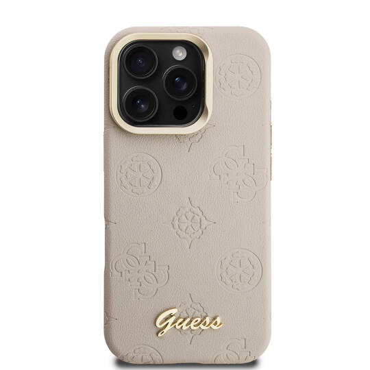 Apple iPhone 16 Pro Kılıf Guess Orjinal Lisanslı M-safe Şarj Özellikli Sıcak Baskılı Yazı Logolu Kamera Standlı PU Deri Peony Kapak - 13