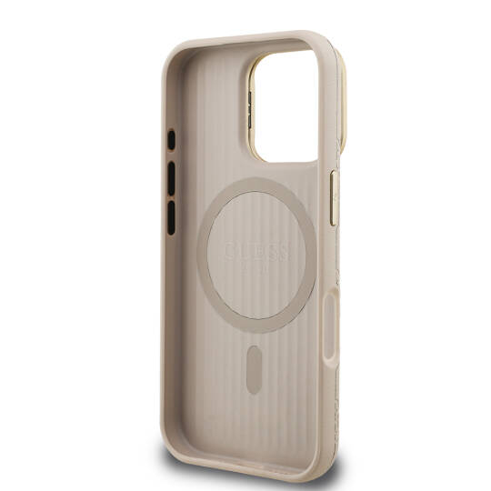 Apple iPhone 16 Pro Kılıf Guess Orjinal Lisanslı M-safe Şarj Özellikli Sıcak Baskılı Yazı Logolu Kamera Standlı PU Deri Peony Kapak - 17