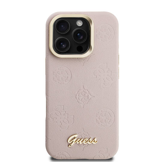 Apple iPhone 16 Pro Kılıf Guess Orjinal Lisanslı M-safe Şarj Özellikli Sıcak Baskılı Yazı Logolu Kamera Standlı PU Deri Peony Kapak - 20