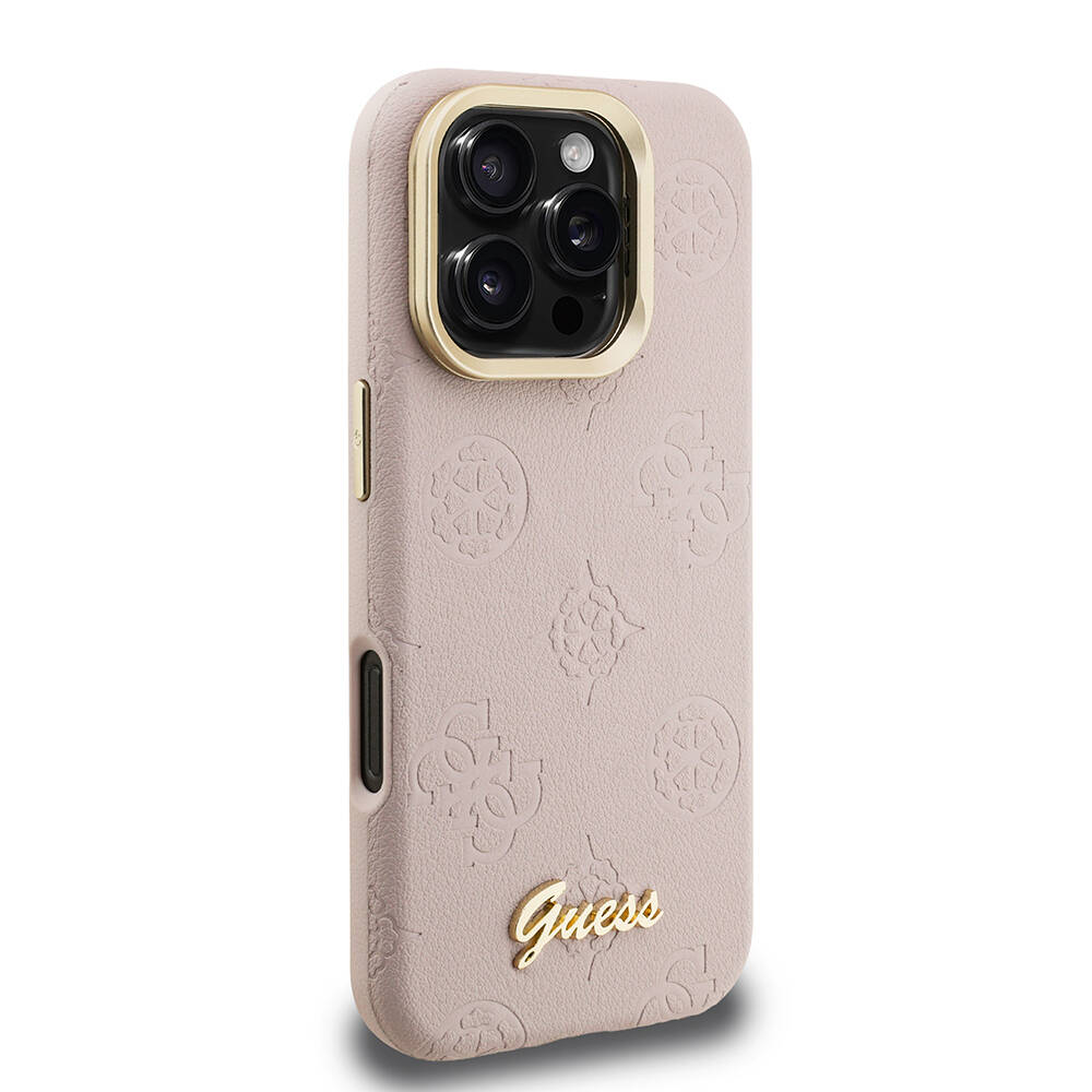Apple iPhone 16 Pro Kılıf Guess Orjinal Lisanslı M-safe Şarj Özellikli Sıcak Baskılı Yazı Logolu Kamera Standlı PU Deri Peony Kapak - 21