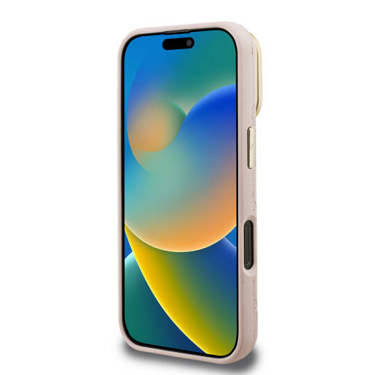 Apple iPhone 16 Pro Kılıf Guess Orjinal Lisanslı M-safe Şarj Özellikli Sıcak Baskılı Yazı Logolu Kamera Standlı PU Deri Peony Kapak - 22