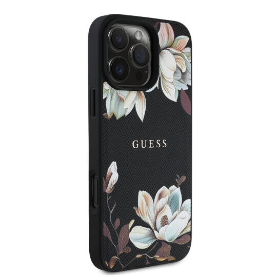 Apple iPhone 16 Pro Kılıf Guess Orjinal Lisanslı M-safe Şarj Özellikli Taneli Çiçek Tasarımlı Metal Yazı Logolu Kapak - 5