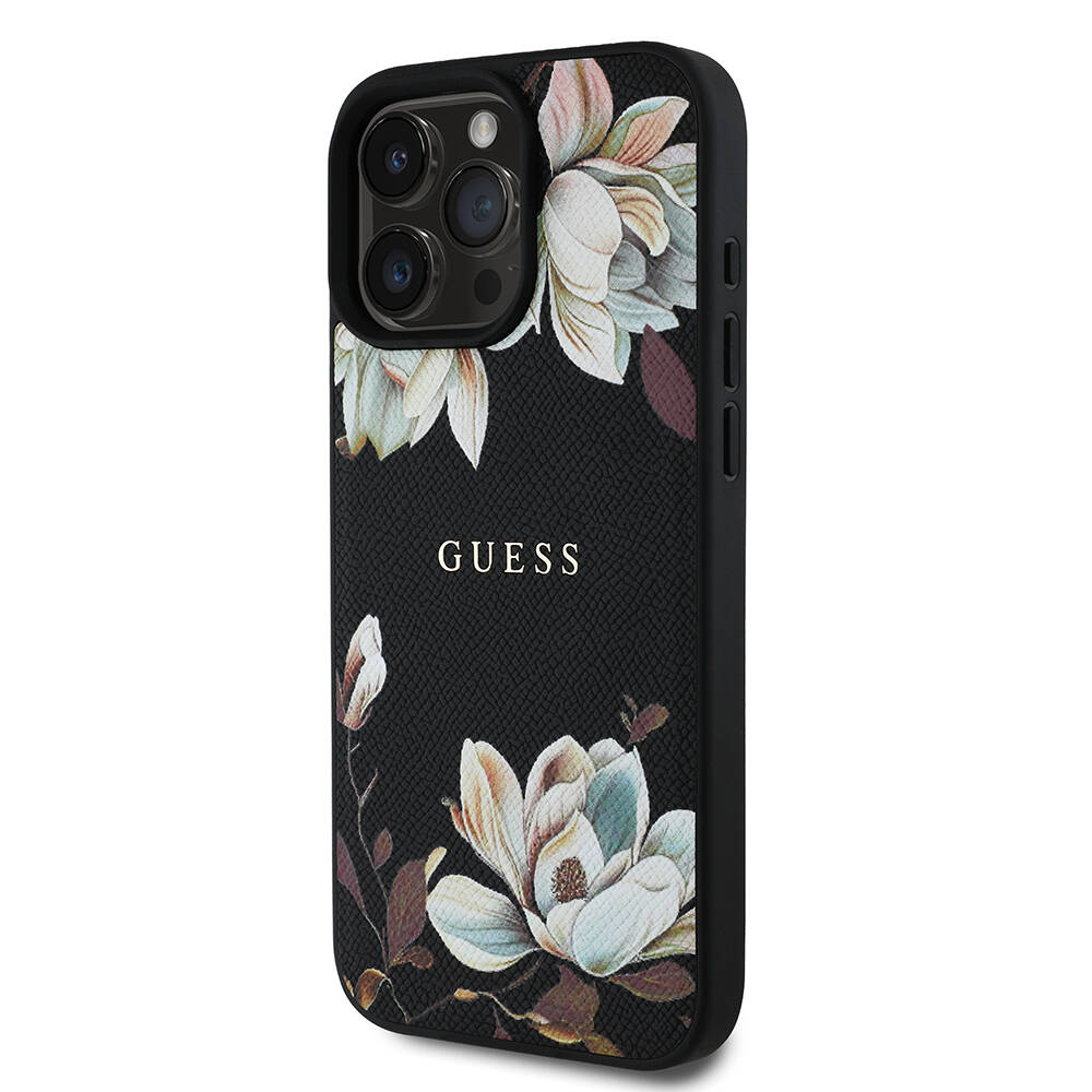 Apple iPhone 16 Pro Kılıf Guess Orjinal Lisanslı M-safe Şarj Özellikli Taneli Çiçek Tasarımlı Metal Yazı Logolu Kapak - 6