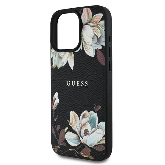Apple iPhone 16 Pro Kılıf Guess Orjinal Lisanslı M-safe Şarj Özellikli Taneli Çiçek Tasarımlı Metal Yazı Logolu Kapak - 7