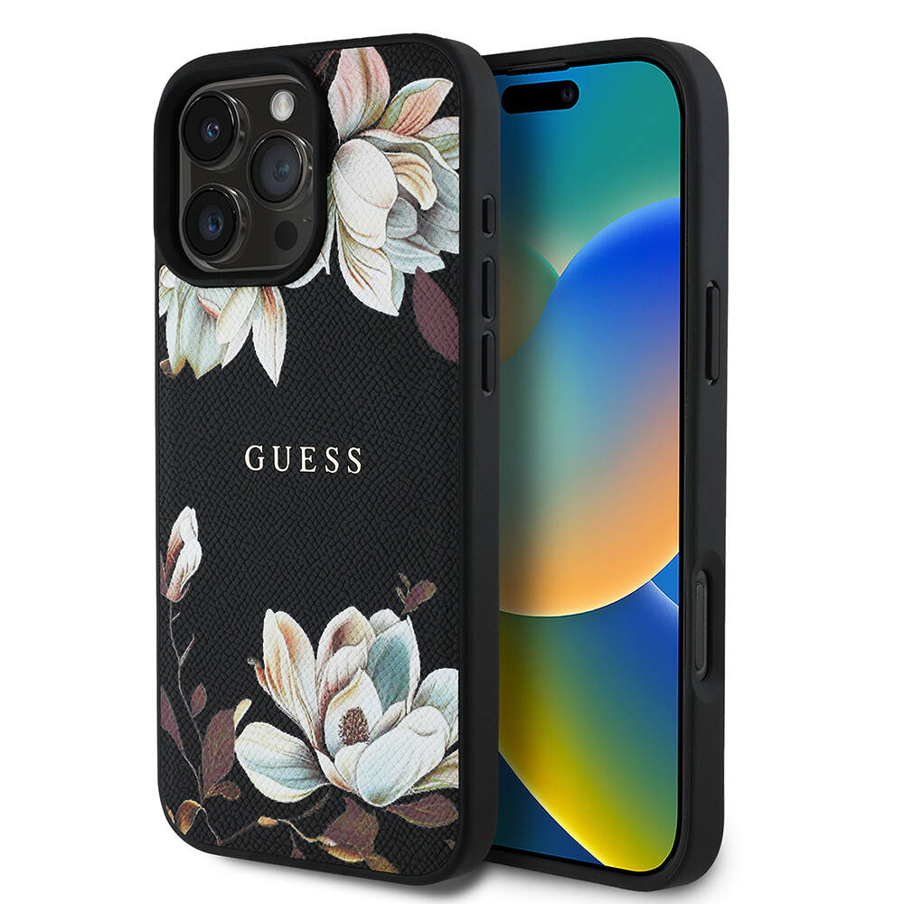 Apple iPhone 16 Pro Kılıf Guess Orjinal Lisanslı M-safe Şarj Özellikli Taneli Çiçek Tasarımlı Metal Yazı Logolu Kapak - 9