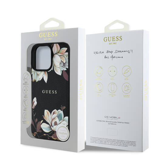 Apple iPhone 16 Pro Kılıf Guess Orjinal Lisanslı M-safe Şarj Özellikli Taneli Çiçek Tasarımlı Metal Yazı Logolu Kapak - 11