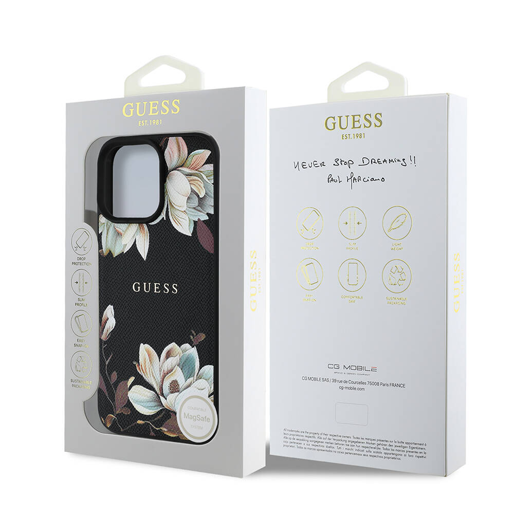 Apple iPhone 16 Pro Kılıf Guess Orjinal Lisanslı M-safe Şarj Özellikli Taneli Çiçek Tasarımlı Metal Yazı Logolu Kapak - 11