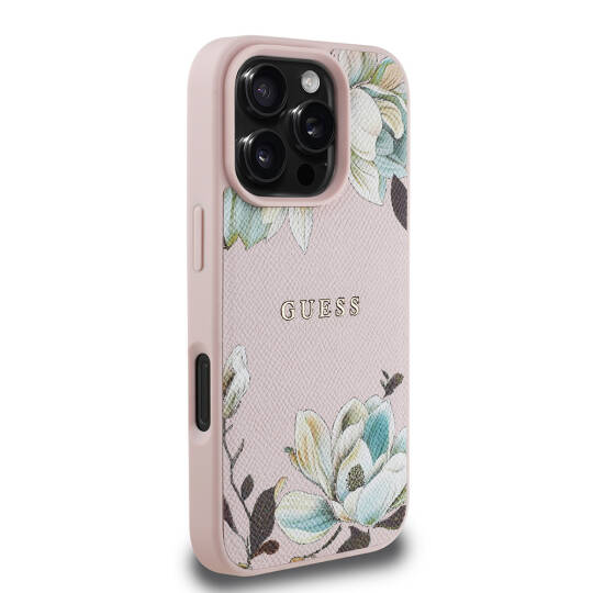 Apple iPhone 16 Pro Kılıf Guess Orjinal Lisanslı M-safe Şarj Özellikli Taneli Çiçek Tasarımlı Metal Yazı Logolu Kapak - 12