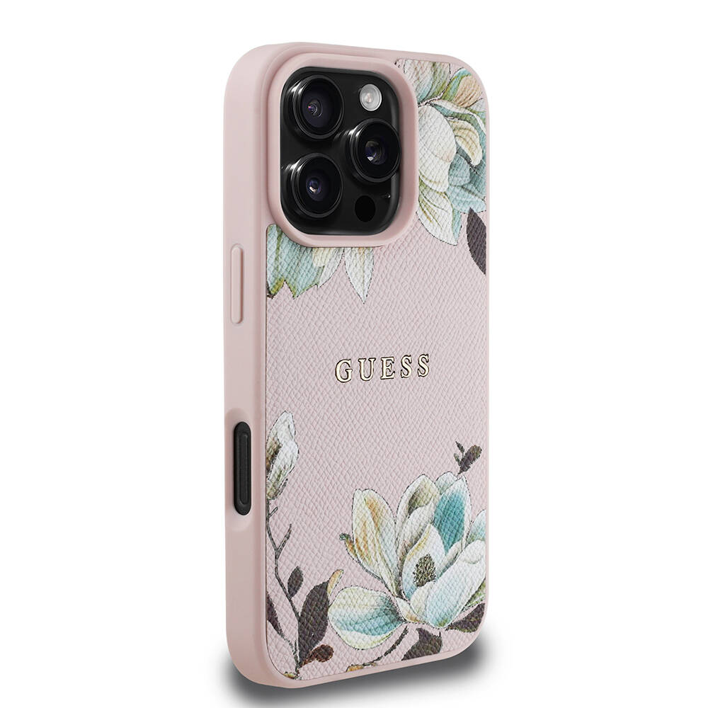 Apple iPhone 16 Pro Kılıf Guess Orjinal Lisanslı M-safe Şarj Özellikli Taneli Çiçek Tasarımlı Metal Yazı Logolu Kapak - 12