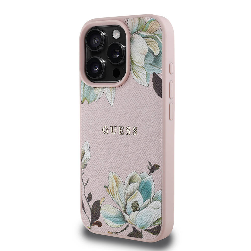 Apple iPhone 16 Pro Kılıf Guess Orjinal Lisanslı M-safe Şarj Özellikli Taneli Çiçek Tasarımlı Metal Yazı Logolu Kapak - 13