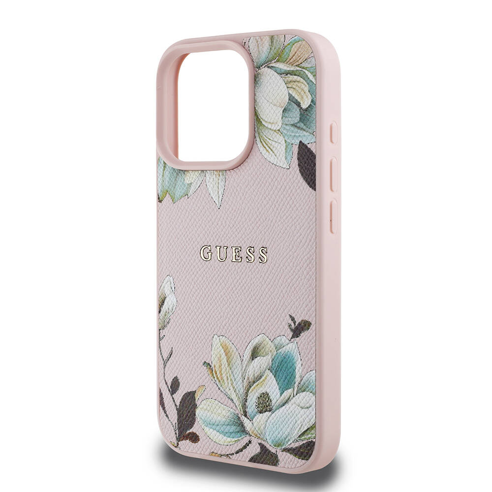 Apple iPhone 16 Pro Kılıf Guess Orjinal Lisanslı M-safe Şarj Özellikli Taneli Çiçek Tasarımlı Metal Yazı Logolu Kapak - 14