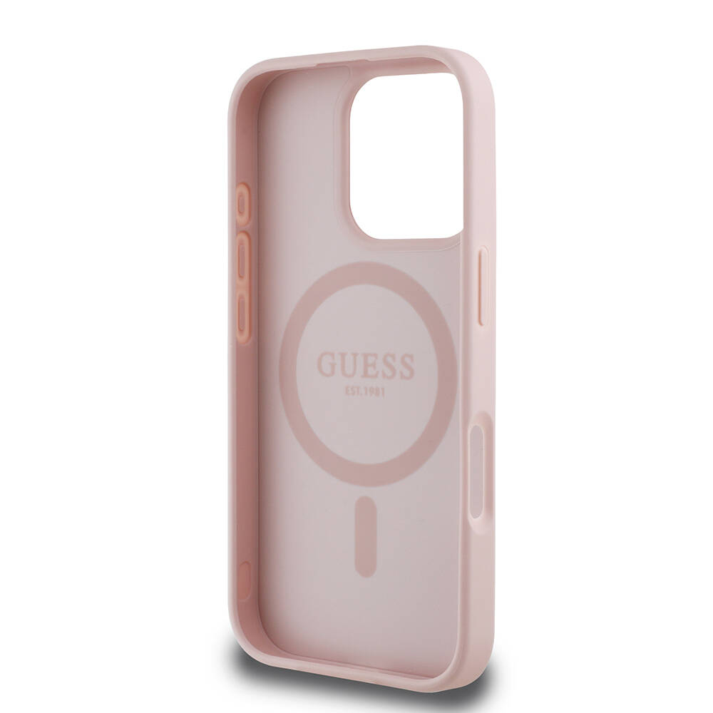 Apple iPhone 16 Pro Kılıf Guess Orjinal Lisanslı M-safe Şarj Özellikli Taneli Çiçek Tasarımlı Metal Yazı Logolu Kapak - 15