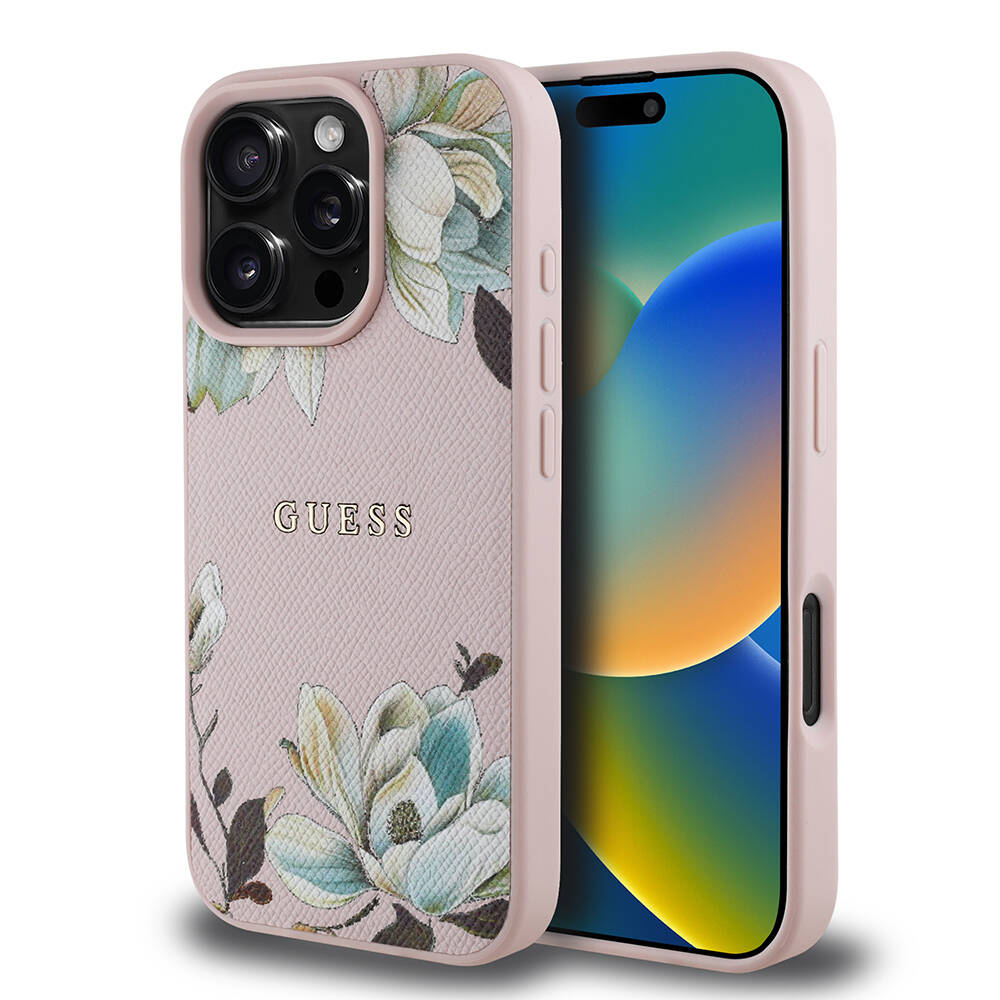 Apple iPhone 16 Pro Kılıf Guess Orjinal Lisanslı M-safe Şarj Özellikli Taneli Çiçek Tasarımlı Metal Yazı Logolu Kapak - 16