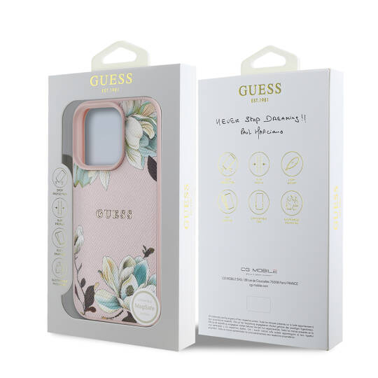 Apple iPhone 16 Pro Kılıf Guess Orjinal Lisanslı M-safe Şarj Özellikli Taneli Çiçek Tasarımlı Metal Yazı Logolu Kapak - 18