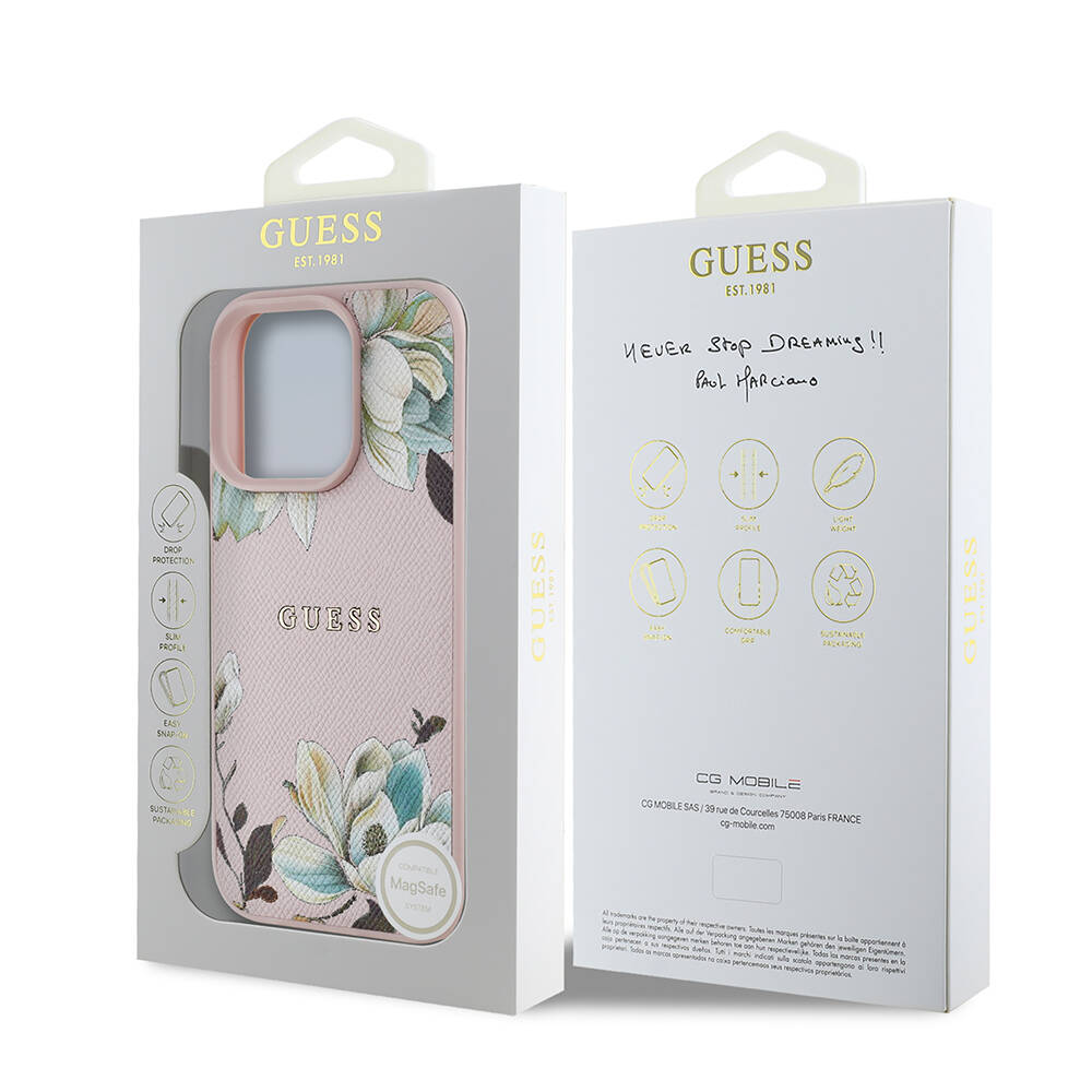 Apple iPhone 16 Pro Kılıf Guess Orjinal Lisanslı M-safe Şarj Özellikli Taneli Çiçek Tasarımlı Metal Yazı Logolu Kapak - 18