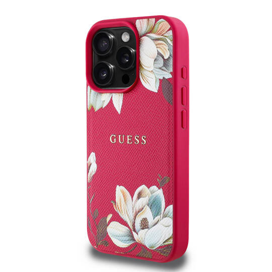 Apple iPhone 16 Pro Kılıf Guess Orjinal Lisanslı M-safe Şarj Özellikli Taneli Çiçek Tasarımlı Metal Yazı Logolu Kapak - 19