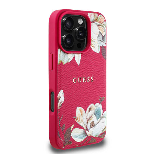 Apple iPhone 16 Pro Kılıf Guess Orjinal Lisanslı M-safe Şarj Özellikli Taneli Çiçek Tasarımlı Metal Yazı Logolu Kapak - 20