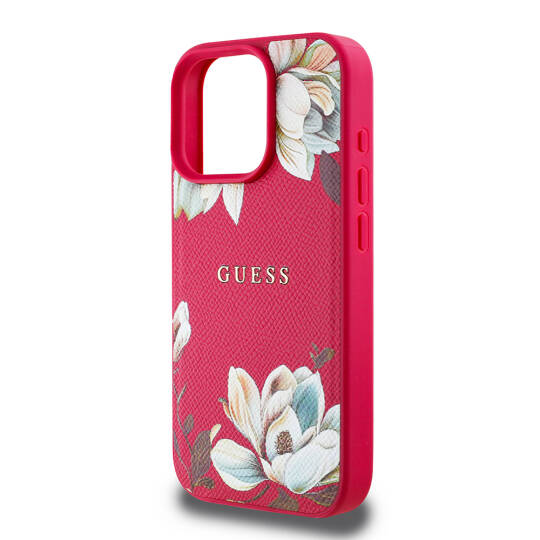 Apple iPhone 16 Pro Kılıf Guess Orjinal Lisanslı M-safe Şarj Özellikli Taneli Çiçek Tasarımlı Metal Yazı Logolu Kapak - 21