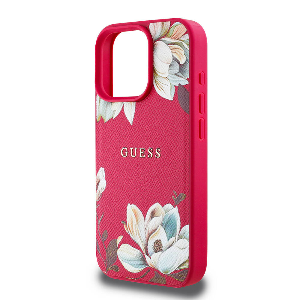 Apple iPhone 16 Pro Kılıf Guess Orjinal Lisanslı M-safe Şarj Özellikli Taneli Çiçek Tasarımlı Metal Yazı Logolu Kapak - 21