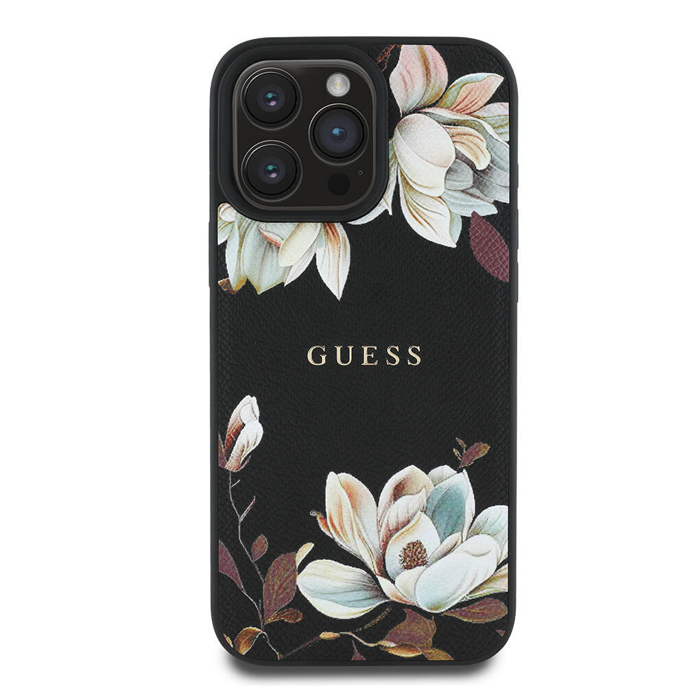 Apple iPhone 16 Pro Kılıf Guess Orjinal Lisanslı M-safe Şarj Özellikli Taneli Çiçek Tasarımlı Metal Yazı Logolu Kapak - 3