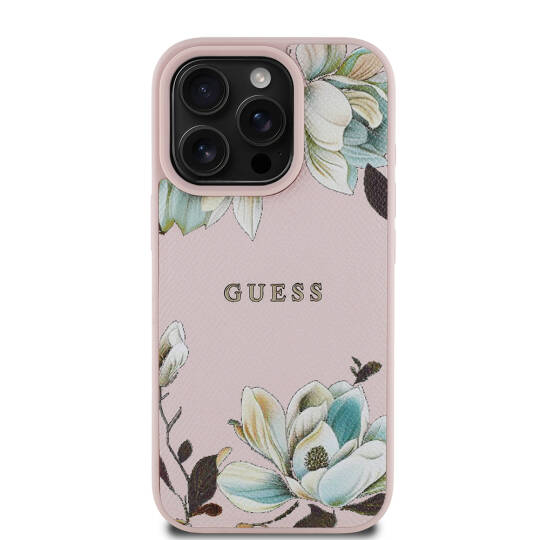 Apple iPhone 16 Pro Kılıf Guess Orjinal Lisanslı M-safe Şarj Özellikli Taneli Çiçek Tasarımlı Metal Yazı Logolu Kapak - 2