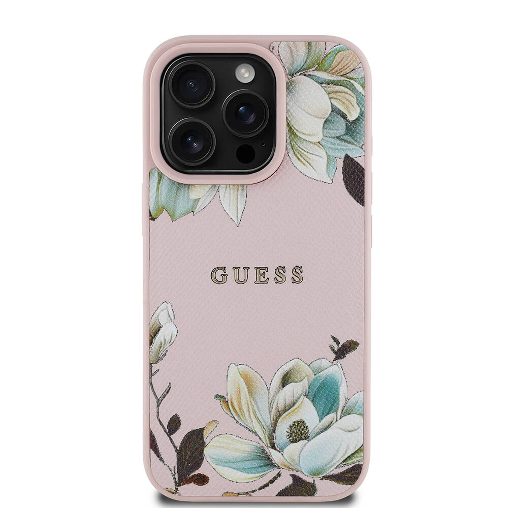 Apple iPhone 16 Pro Kılıf Guess Orjinal Lisanslı M-safe Şarj Özellikli Taneli Çiçek Tasarımlı Metal Yazı Logolu Kapak - 2