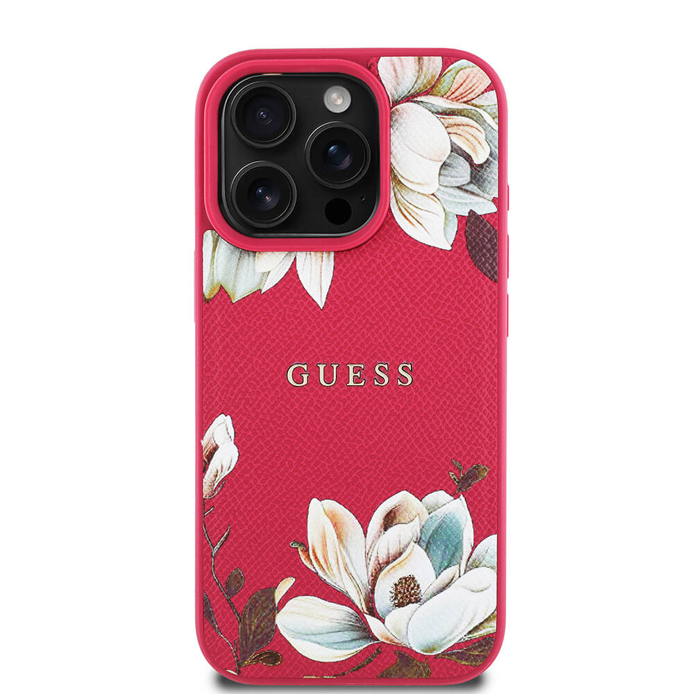 Apple iPhone 16 Pro Kılıf Guess Orjinal Lisanslı M-safe Şarj Özellikli Taneli Çiçek Tasarımlı Metal Yazı Logolu Kapak - 1